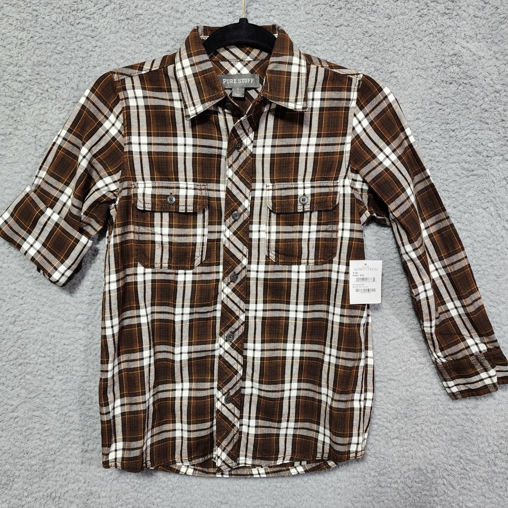 Pure Stuff Boys Button Brown Flannel Shirt Size 8 Large Long Sleeve NWT